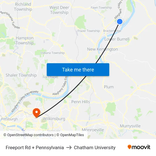 Freeport Rd + Pennsylvania to Chatham University map