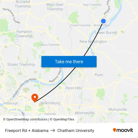Freeport Rd + Alabama to Chatham University map