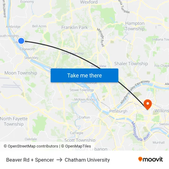 Beaver Rd + Spencer to Chatham University map