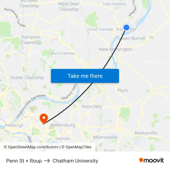 Penn St + Roup to Chatham University map