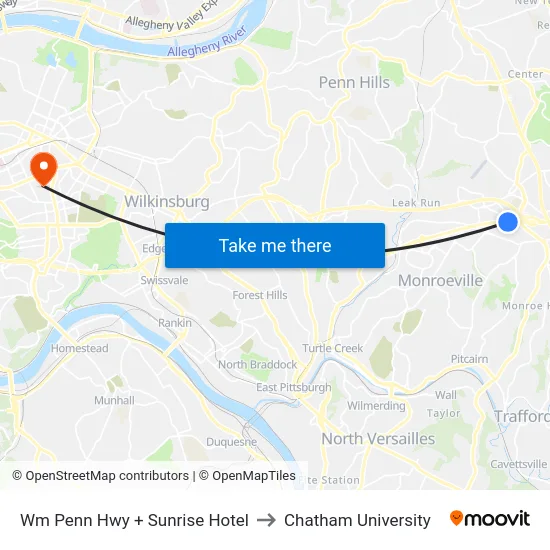 Wm Penn Hwy + Sunrise Hotel to Chatham University map