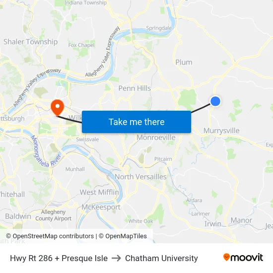 Hwy Rt 286 + Presque Isle to Chatham University map