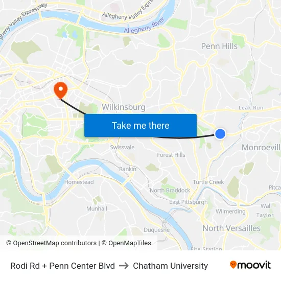 Rodi Rd + Penn Center Blvd to Chatham University map