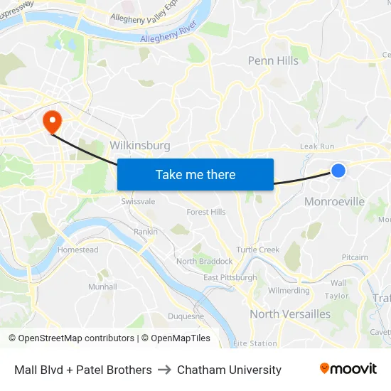 Mall Blvd + Patel Brothers to Chatham University map