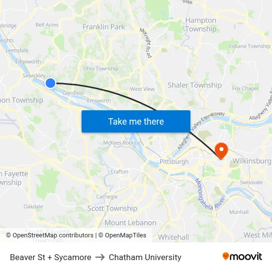 Beaver St + Sycamore to Chatham University map