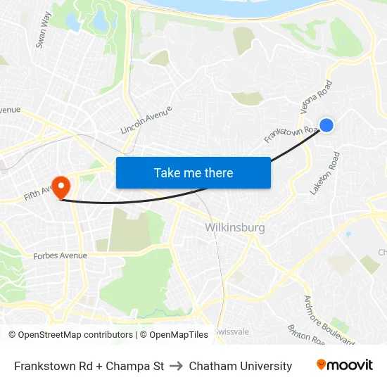 Frankstown Rd + Champa St to Chatham University map