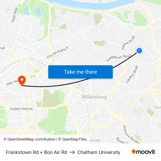 Frankstown Rd + Bon Air Rd to Chatham University map