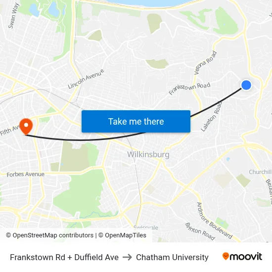 Frankstown Rd + Duffield Ave to Chatham University map
