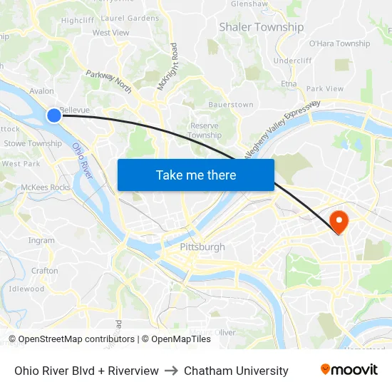 Ohio River Blvd + Riverview to Chatham University map