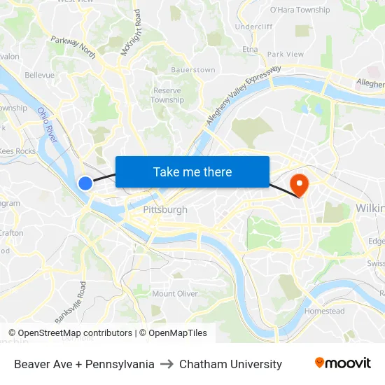 Beaver Ave + Pennsylvania to Chatham University map
