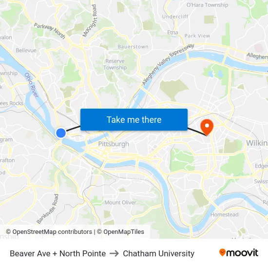 Beaver Ave + North Pointe to Chatham University map