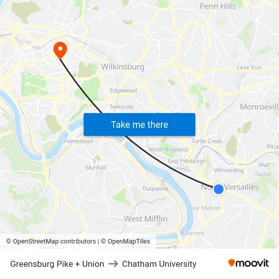 Greensburg Pike + Union to Chatham University map