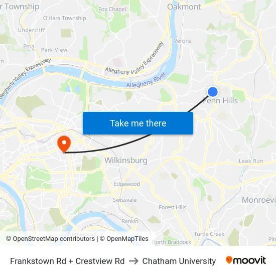Frankstown Rd + Crestview Rd to Chatham University map