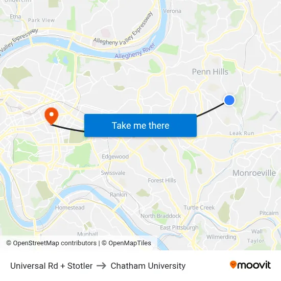 Universal Rd + Stotler to Chatham University map