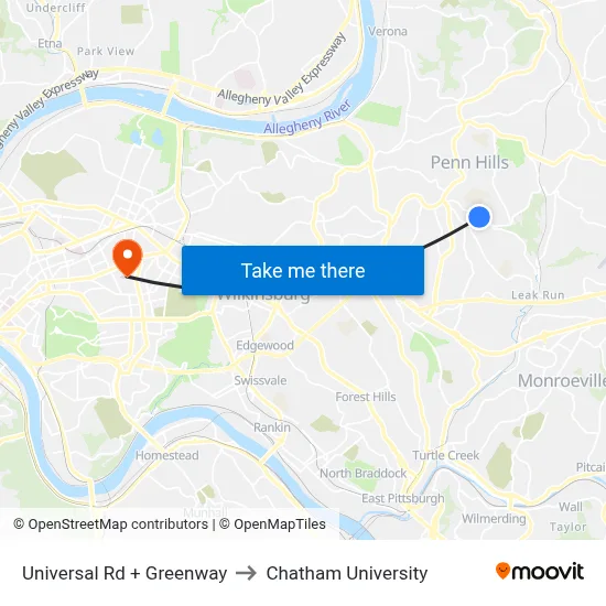Universal Rd + Greenway to Chatham University map
