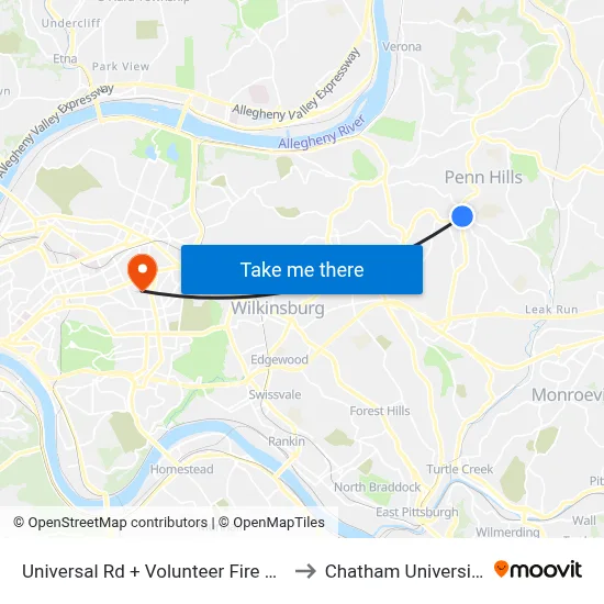Universal Rd + Volunteer Fire Co to Chatham University map