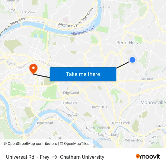 Universal Rd + Frey to Chatham University map