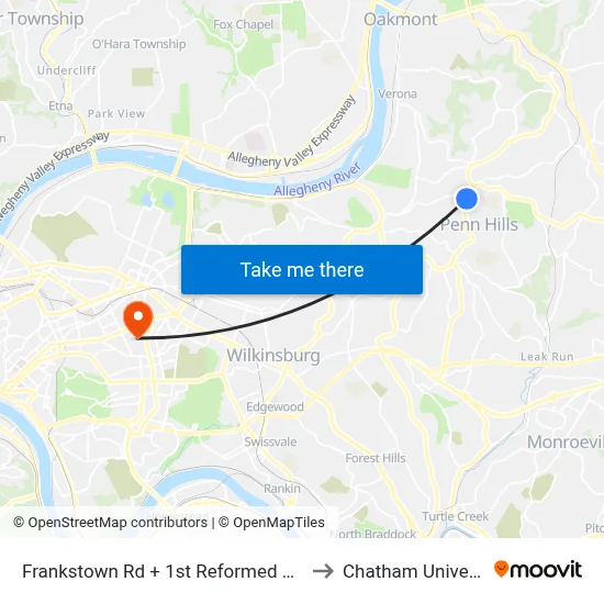 Frankstown Rd + 1st Reformed Church to Chatham University map