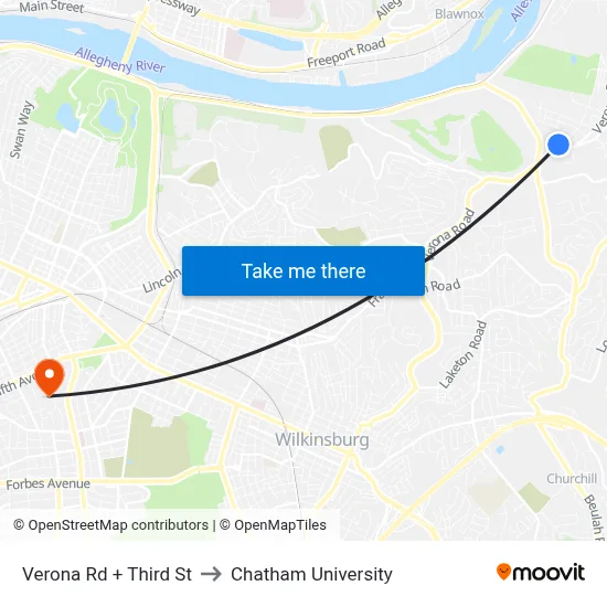 Verona Rd + Third St to Chatham University map