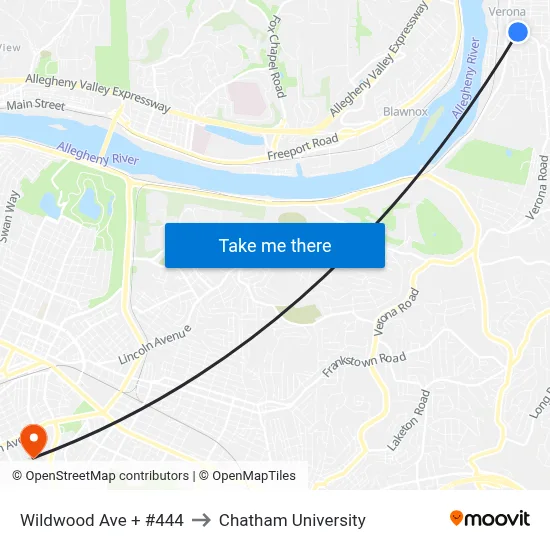 Wildwood Ave + #444 to Chatham University map