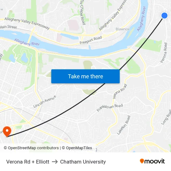 Verona Rd + Elliott to Chatham University map