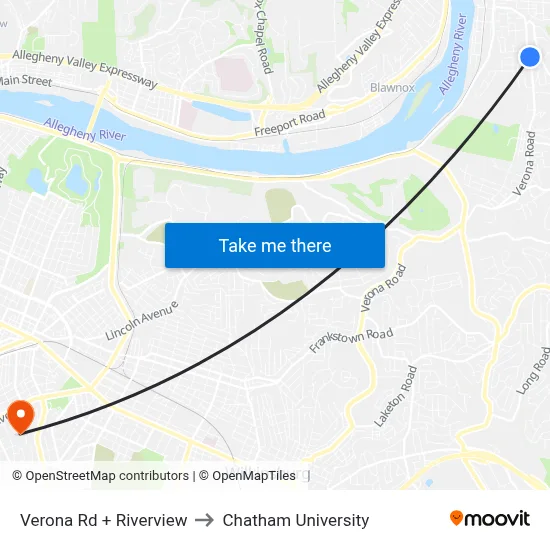 Verona Rd + Riverview to Chatham University map