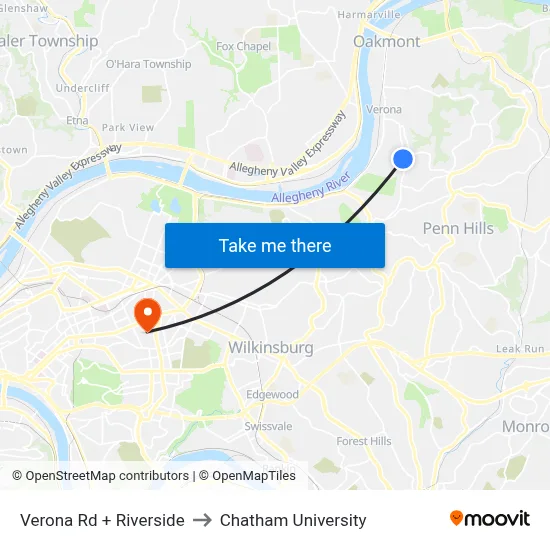 Verona Rd + Riverside to Chatham University map