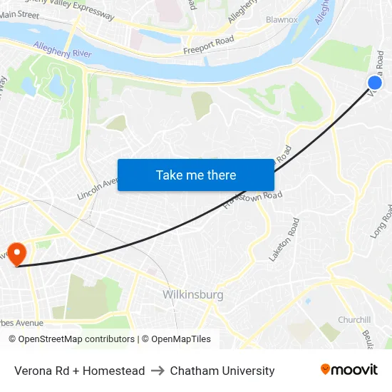 Verona Rd + Homestead to Chatham University map