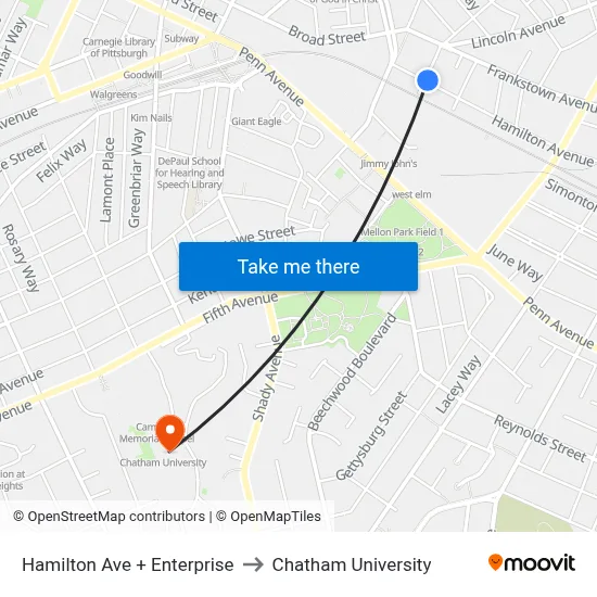 Hamilton Ave + Enterprise to Chatham University map