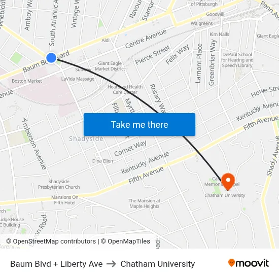 Baum Blvd + Liberty Ave to Chatham University map
