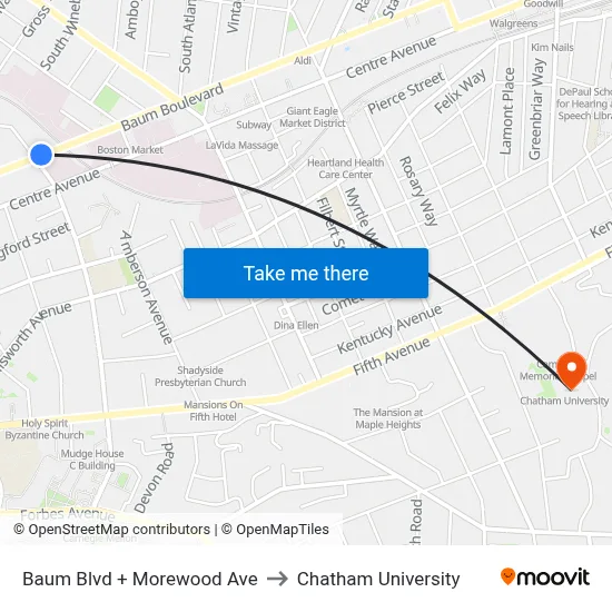 Baum Blvd + Morewood Ave to Chatham University map