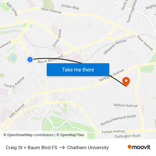 Craig St + Baum Blvd FS to Chatham University map