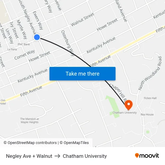 Negley Ave + Walnut to Chatham University map