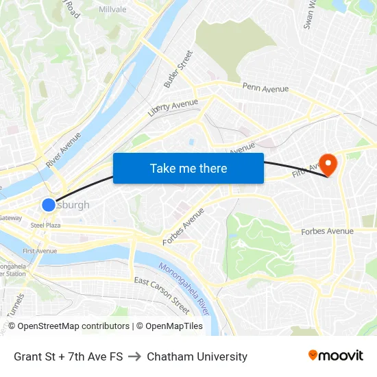 Grant St + 7th Ave FS to Chatham University map