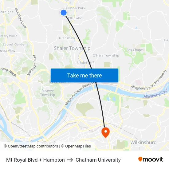 Mt Royal Blvd + Hampton to Chatham University map