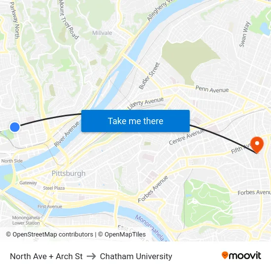 North Ave + Arch St to Chatham University map