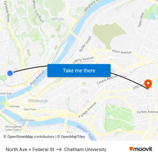 North Ave + Federal St to Chatham University map