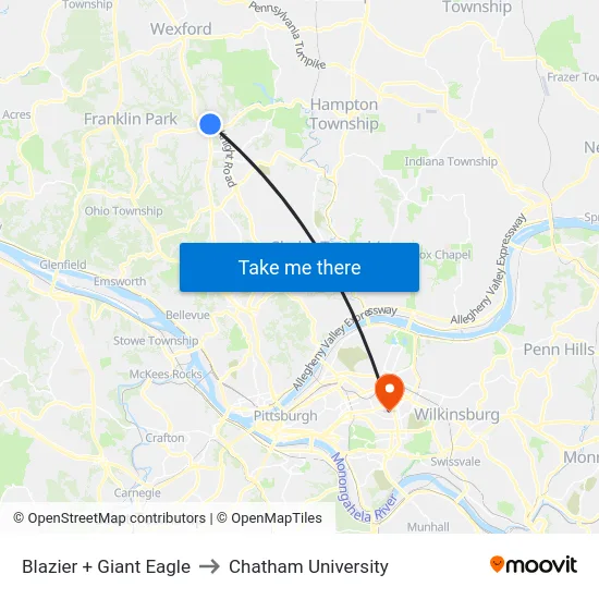 Blazier + Giant Eagle to Chatham University map