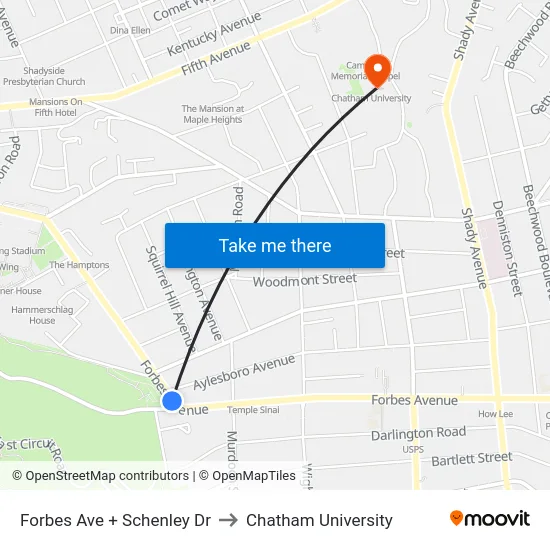 Forbes Ave + Schenley Dr to Chatham University map