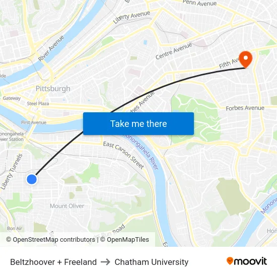Beltzhoover + Freeland to Chatham University map