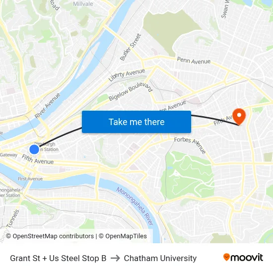 Grant St + Us Steel Stop B to Chatham University map