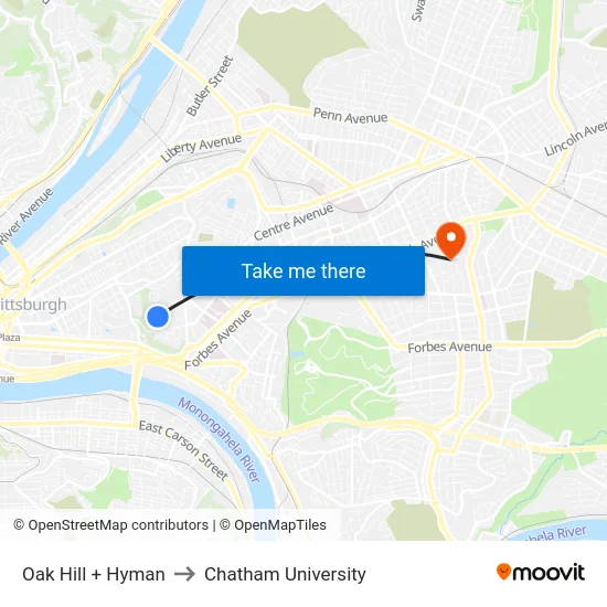 Oak Hill + Hyman to Chatham University map