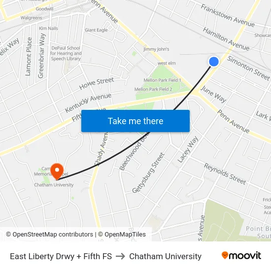 East Liberty Drwy + Fifth FS to Chatham University map