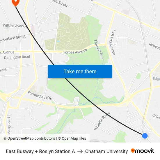 East Busway + Roslyn Station A to Chatham University map