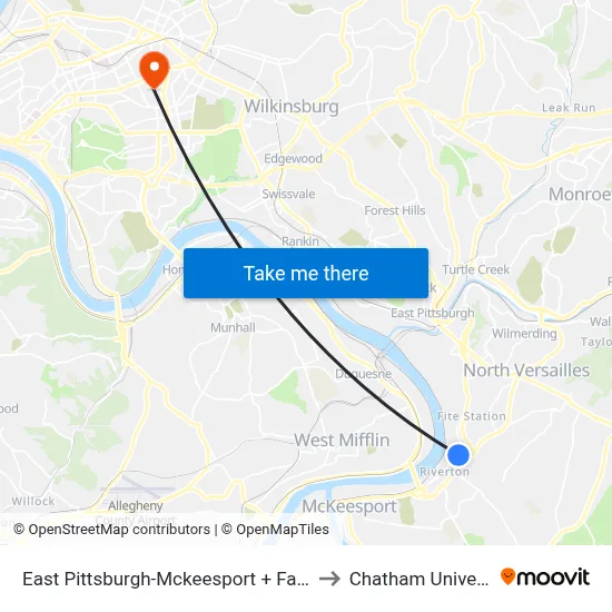 East Pittsburgh-Mckeesport + Fairmont to Chatham University map