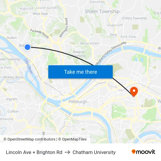 Lincoln Ave + Brighton Rd to Chatham University map