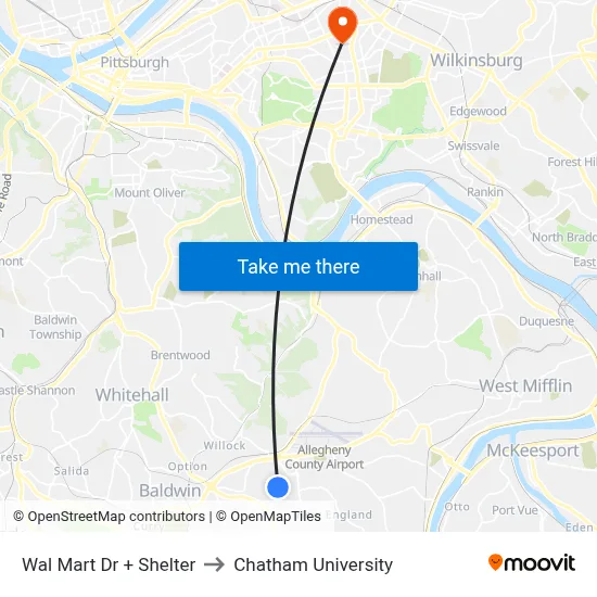 Wal Mart Dr + Shelter to Chatham University map