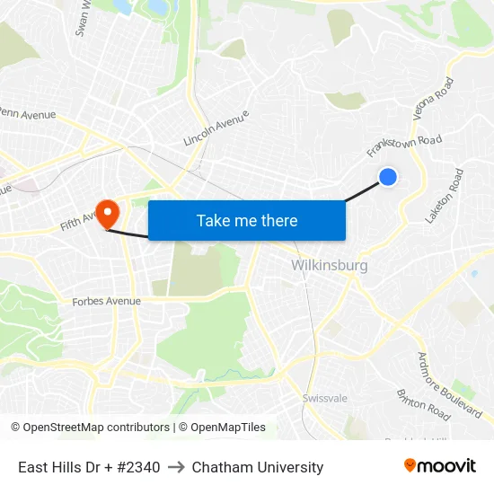 East Hills Dr + #2340 to Chatham University map