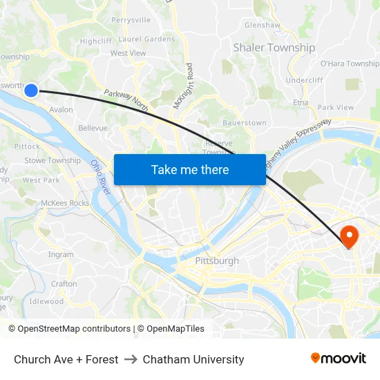 Church Ave + Forest to Chatham University map
