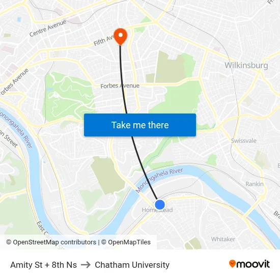 Amity St + 8th Ns to Chatham University map